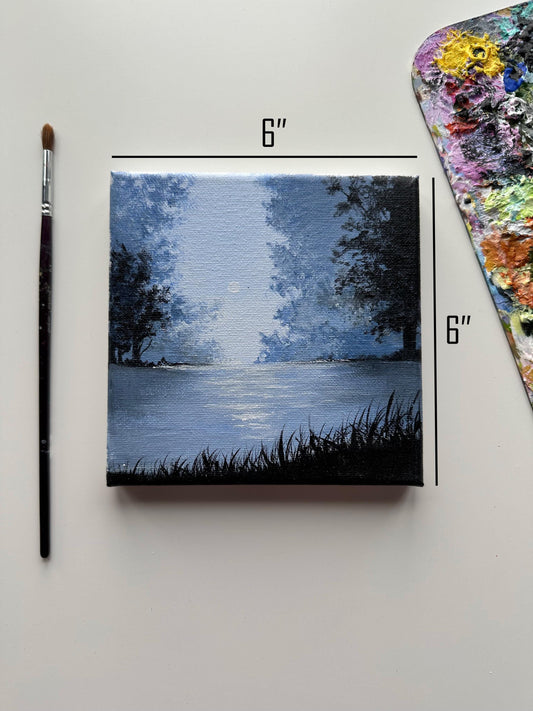 Moonlit Lake Acrylic Painting: Foggy Forest Landscape, Minimalist Art (6x6)