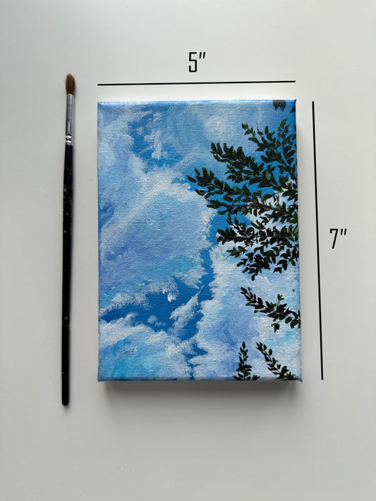 Original Sunny Sky Acrylic Painting: Clouds, Tree Branch, 5x7 Canvas