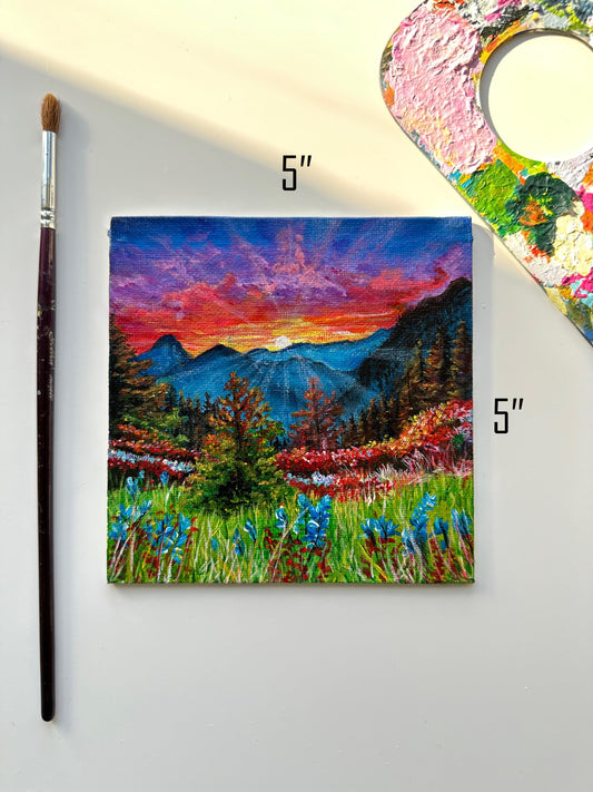 Miniature Flower Garden Painting: Original Acrylic Mountain Landscape Art (5x5)