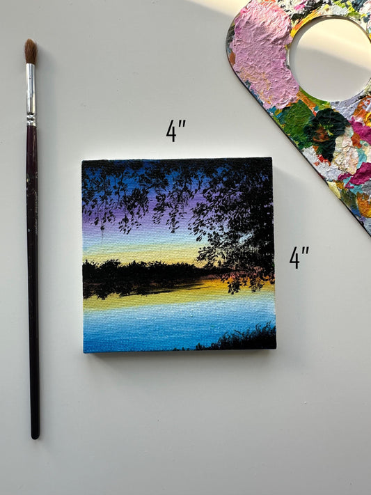 Miniature Sunset Lake Painting: Original Acrylic Landscape Art (4x4)