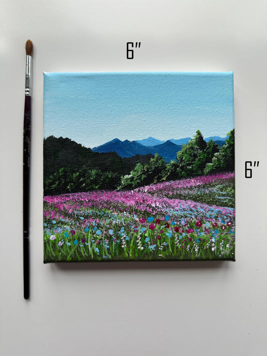 Original Mountain Flower Acrylic Painting: 6" x 6" Vibrant Landscape Art