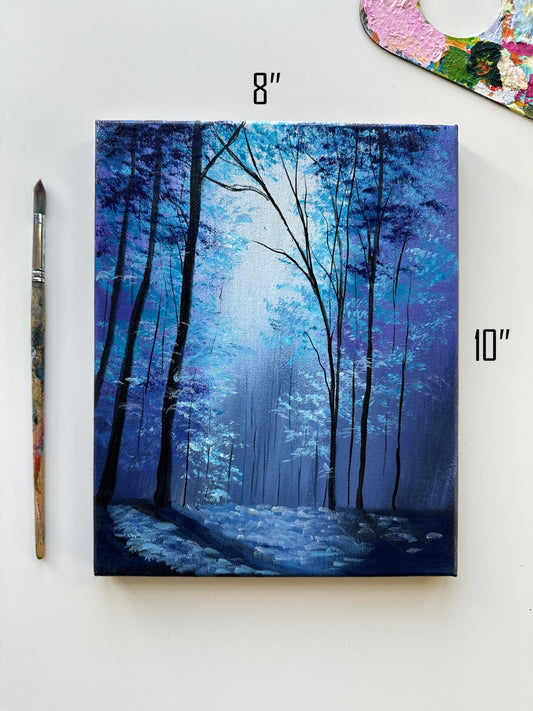 Enchanted Blue Forest Painting: 8x10 Original Acrylic Landscape Art