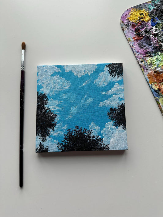 Skyward View Acrylic Painting: Tiny Landscape, 5x5 Original Art