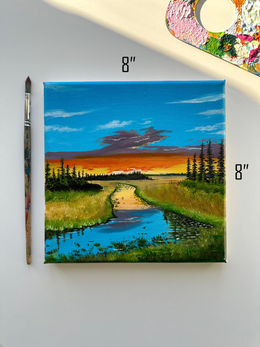 Original River Landscape Acrylic Painting: 8"x8" Nature Art