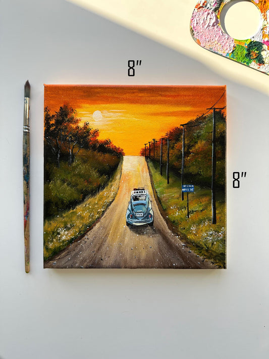 Vintage Car Sunset Painting: Original Acrylic Landscape Art (8x8)