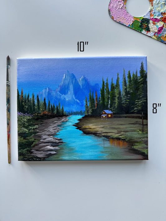 Cozy Cabin Acrylic Painting: Mountain River Nature Scene (10"x8")