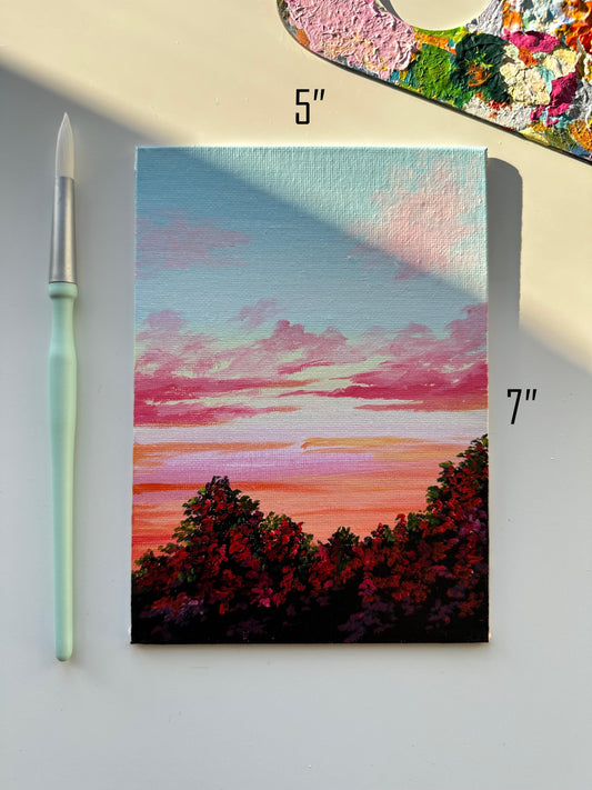 Original Red Clouds Acrylic Landscape Painting: 5x7 Canvas Art