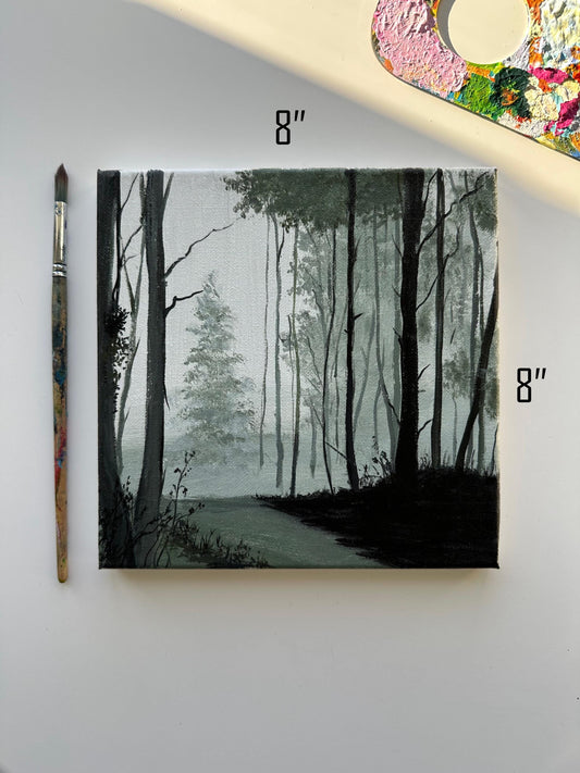 Original Foggy Woods Acrylic Painting: 8" x 8" Landscape Art