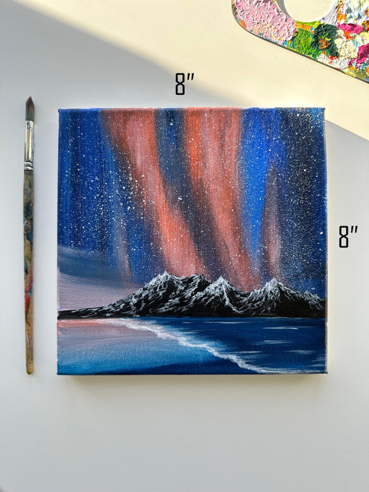 Original Northern Lights Painting: Acrylic Aurora Art on 8x8 Canvas
