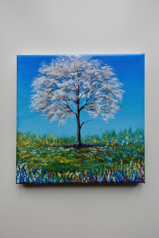 Blossom Tree Painting: 8x8 Original Acrylic Canvas Art