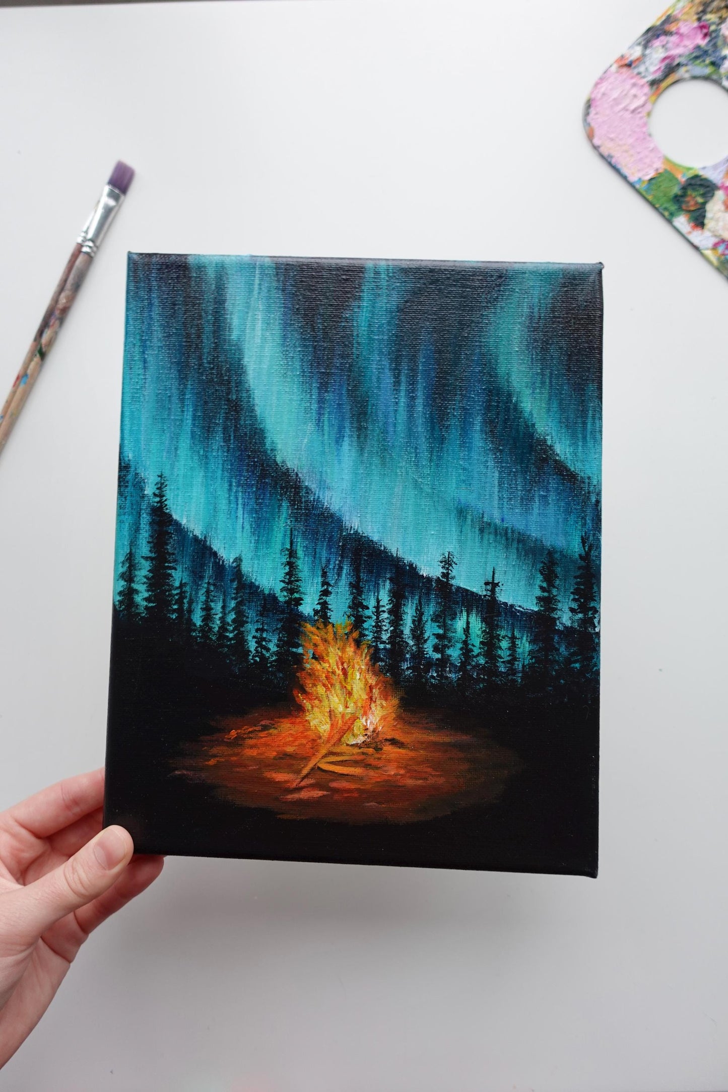 Aurora Borealis Painting: Campfire Night Sky Art (8x10 in)