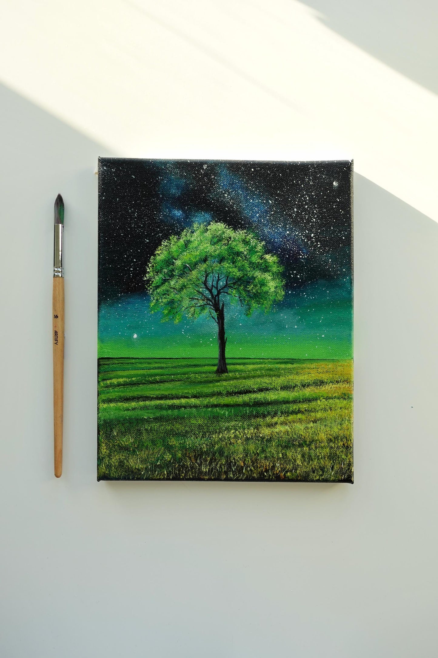 Lush Tree Under the Starry Night Sky – Tranquil Nature Landscape Original 8”x10” Acrylic Painting