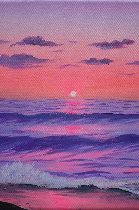 Lavender Sunset Ocean Painting: Coastal Acrylic Seascape Art 8x8
