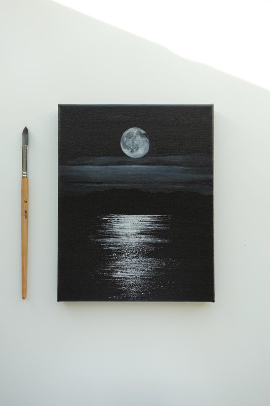 Original Moonlit Nightscape Painting: Minimalist Black and White Art (8x10 Canvas)