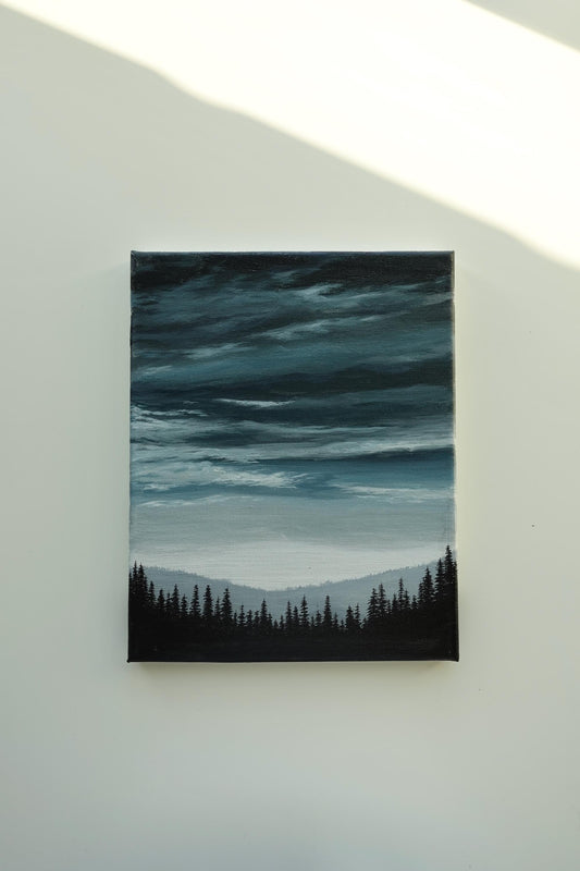 Twilight vibes original acrylic painting by AB mini ART.Dark landscape painting vibes. Home wall art gifts. Pine trees and cloudy sky artworks.