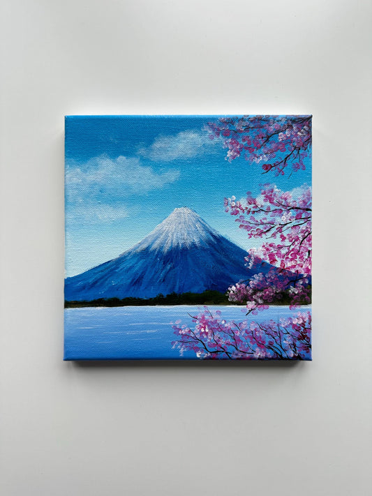 Fuji mountain acrylic painting on stretched canvas by AB mini ART. Original blossom aesthetic artwork w mountain. Serene traditional painting for home decor art gift. Cherry blossom Tree branches. Blue landscape acrylic on canvas