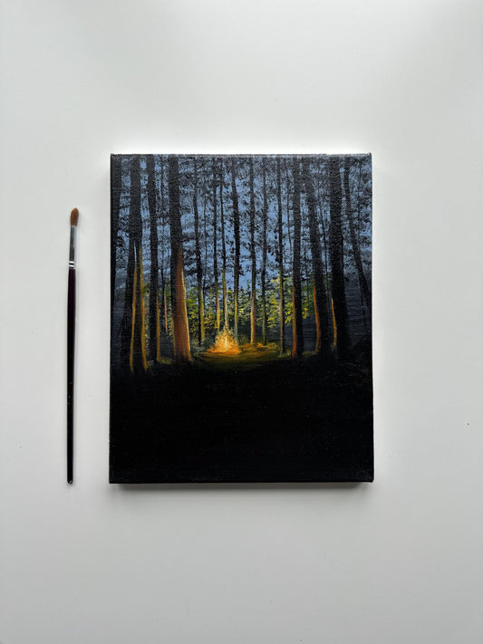 Campfire Glow Acrylic Painting – Forest Bonfire Art, Cozy Cabin Decor (8x10 Canvas)