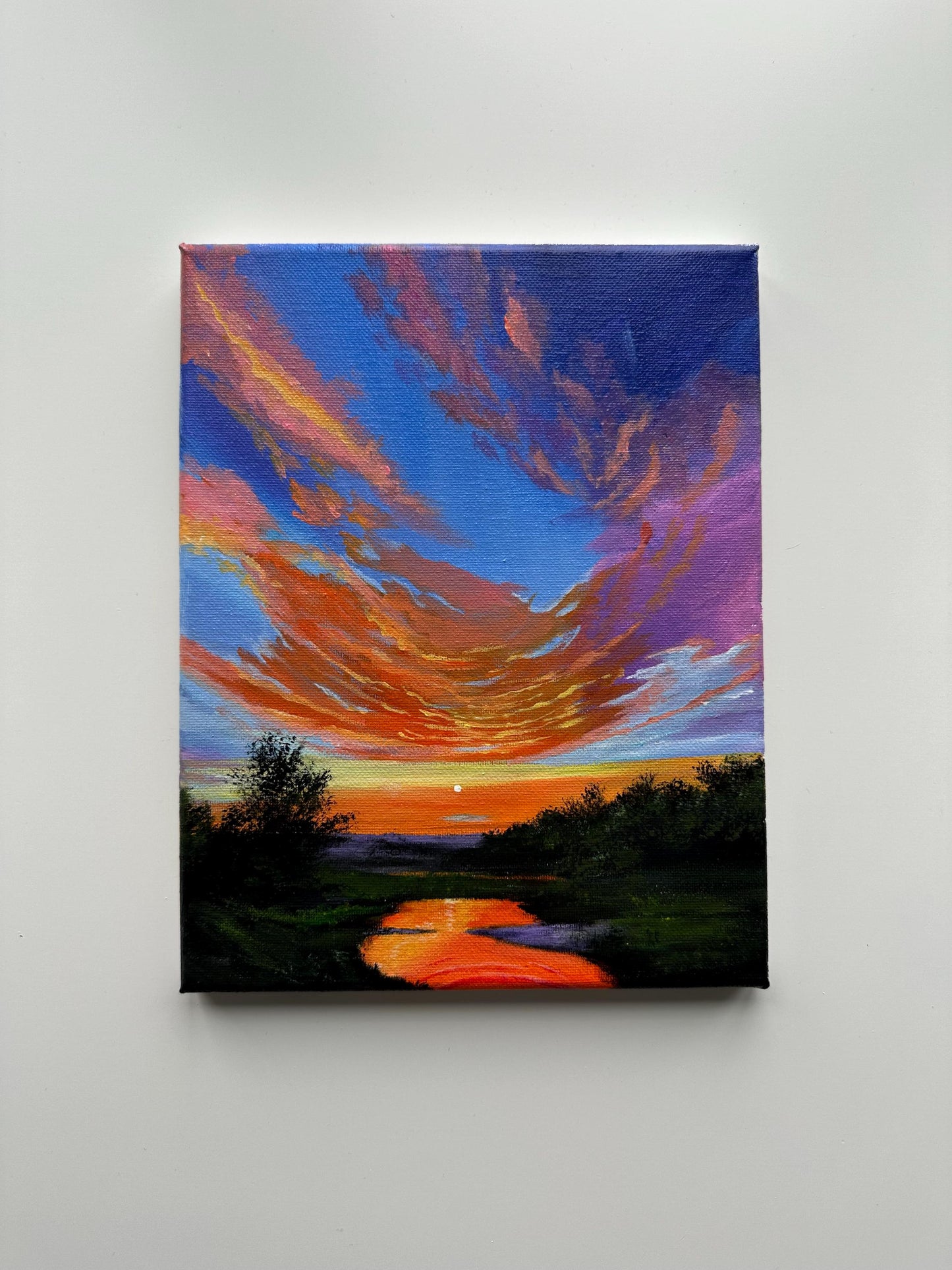 Original Sunset River Acrylic Painting: Fiery Sky Art (8x10 Canvas)