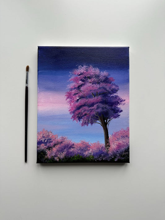 Mystic Purple Tree - Original Acrylic Painting, Fantasy Landscape Art, Dreamy Twilight Sky, 8x10 Canvas