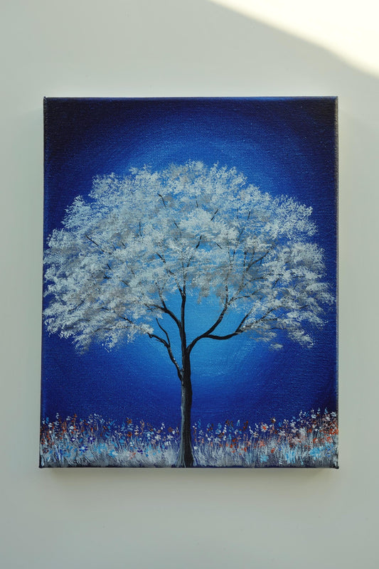 Ethereal Glow: White Tree Under a Midnight Sky - Original 8x10” Acrylic Painting