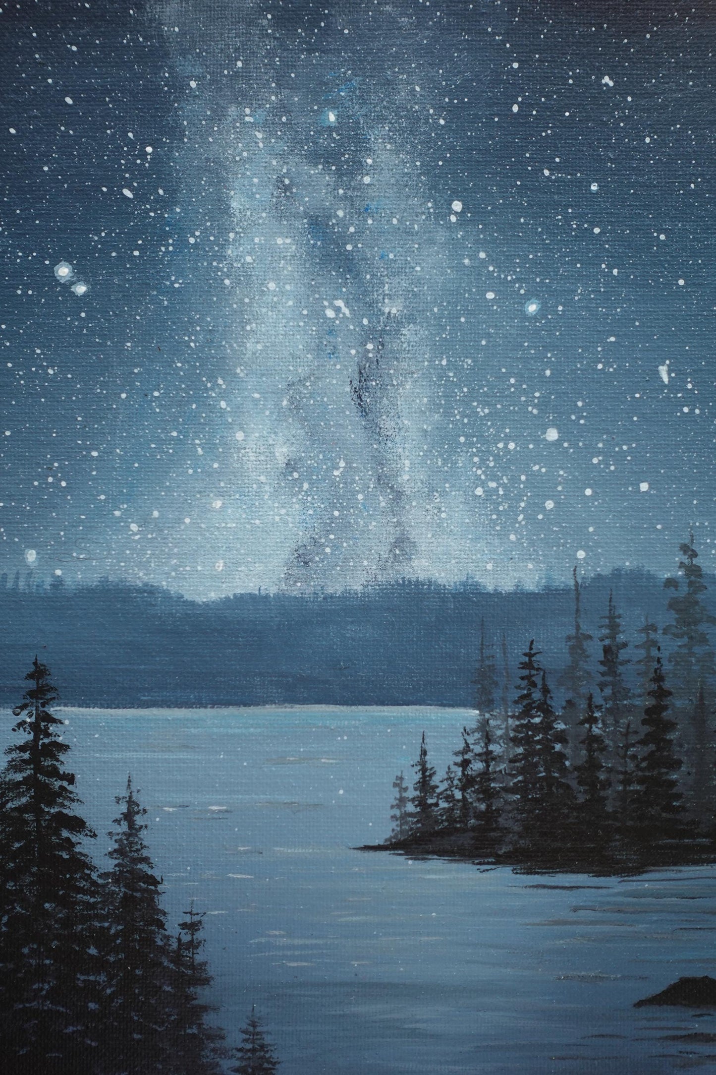 Celestial Reflections: Starry Sky Over a Tranquil Lake - Original 8x10” Acrylic Painting