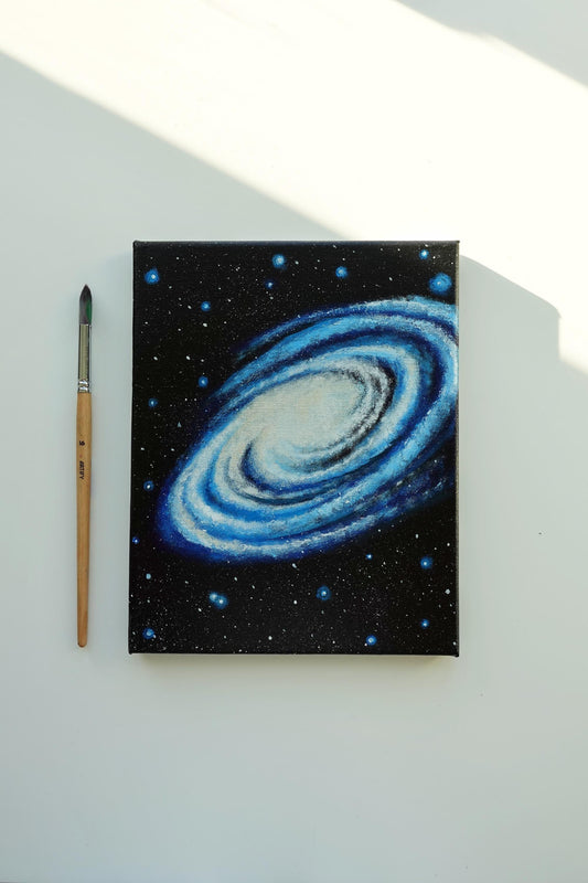 Blue cosmic galaxy painting on stretched canvas by AB mini ART. Starry sky acrylic painting for gift. Home decor wall art. Landscape painting