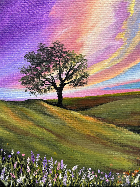 Golden Sky Meadow - Original Acrylic Painting, Vibrant Sunset Landscape, Rolling Hills & Wildflowers, 8x10 Canvas