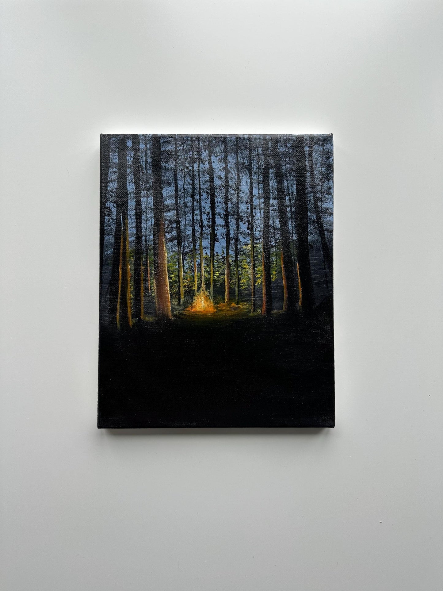 Campfire Glow Acrylic Painting – Forest Bonfire Art, Cozy Cabin Decor (8x10 Canvas)