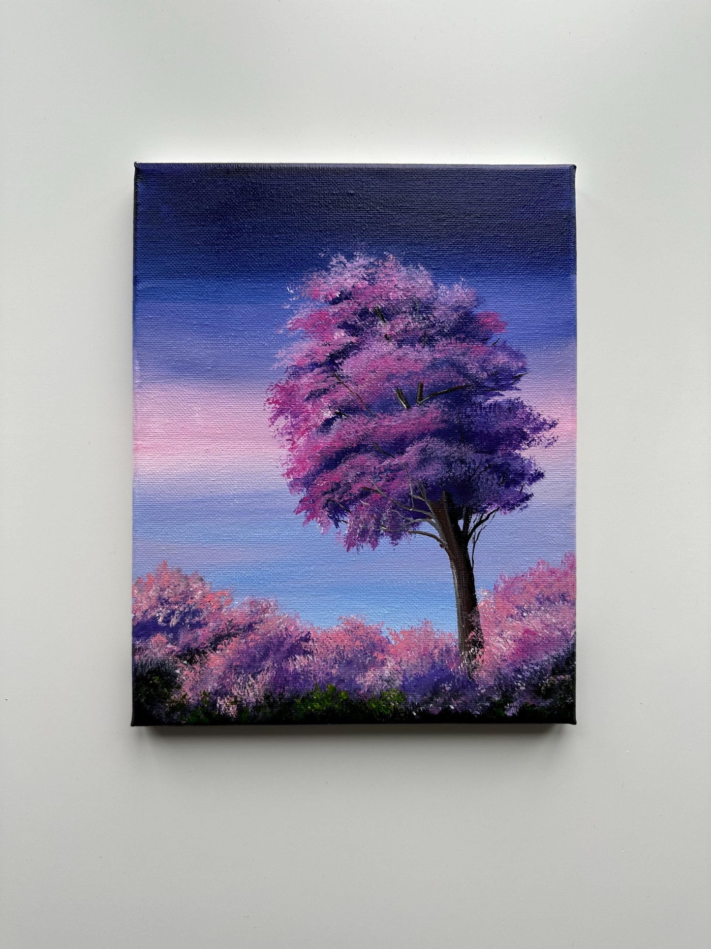 Mystic Purple Tree - Original Acrylic Painting, Fantasy Landscape Art, Dreamy Twilight Sky, 8x10 Canvas