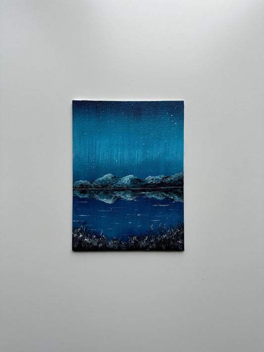 Northern Hues - 6x8” Original Acrylic Painting | Midnight Lake Reflection Wall Art