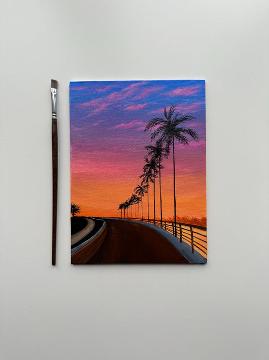Sunset Palms - 6x8” Original Acrylic Painting | Tropical Road Wall Art