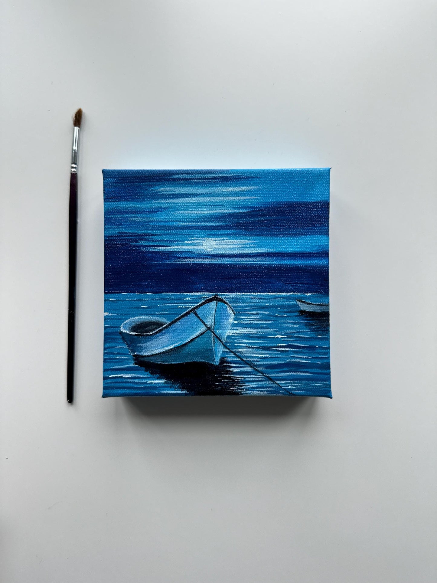 Midnight Reflections - 6x6” Original Acrylic Painting | Mini Boat Seascape Art