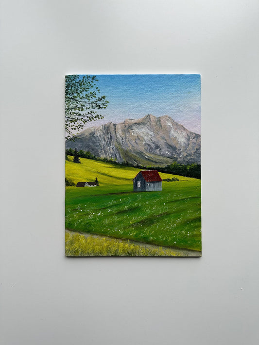 Mountain Cabin Meadow - 6x8” Original Acrylic Painting | Rustic Landscape Wall Art