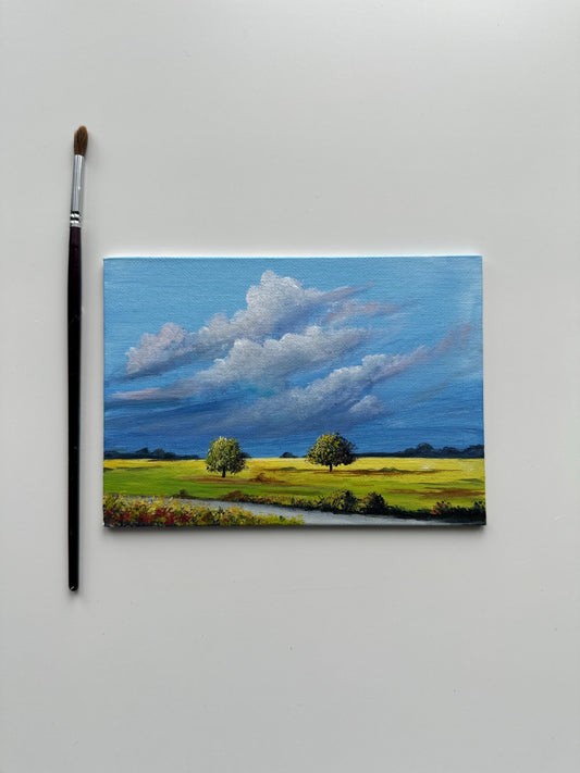 Golden Field Under a Summer Sky – Original Acrylic on Canvas Board 5”x7”