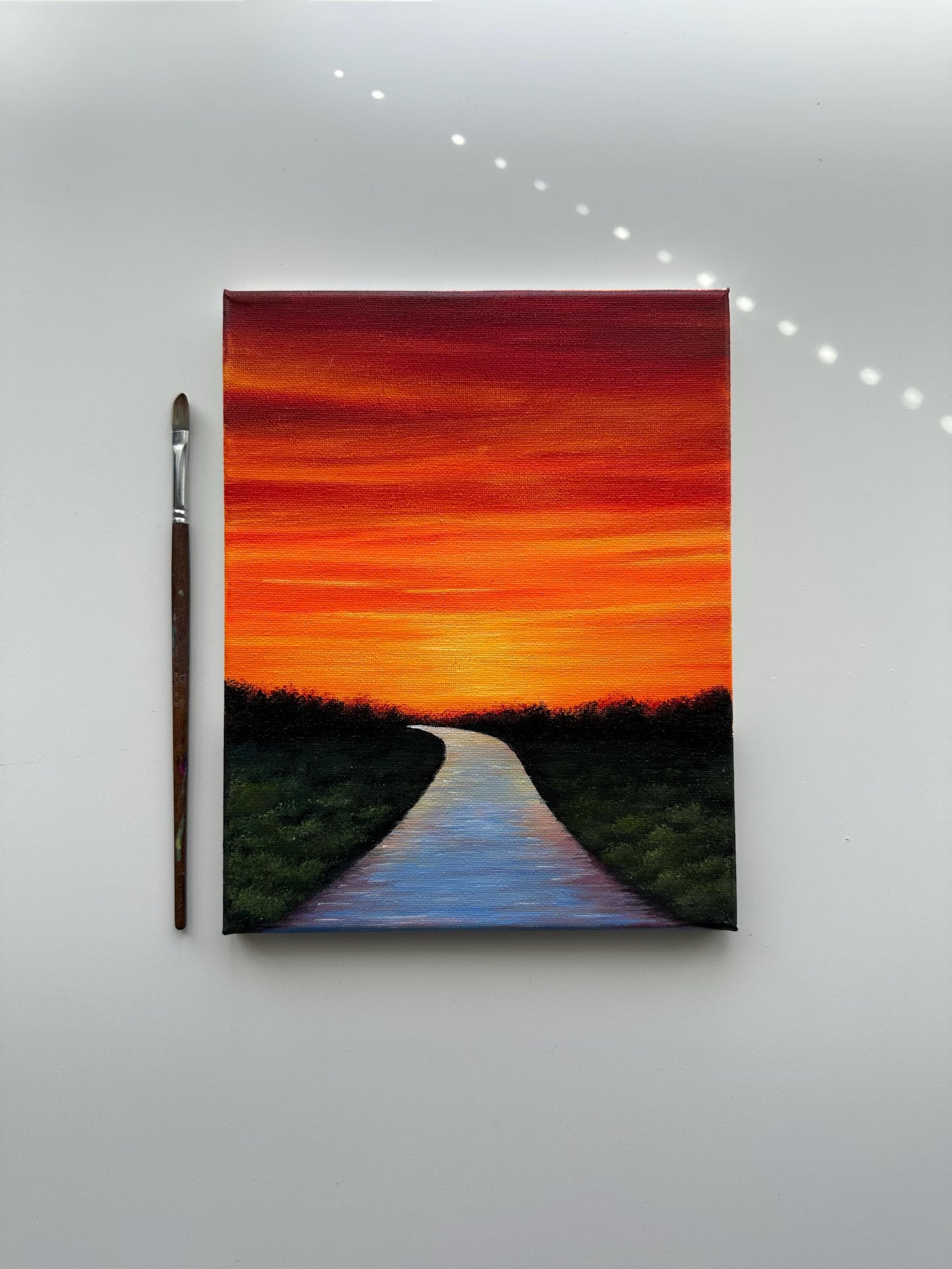 River Path at Glowing Sunset – Original Acrylic Painting, 8×10 inch on Canvas
