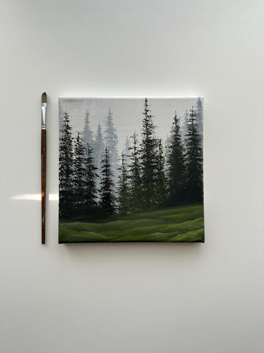 Misty Pine Forest Hills – Original Acrylic Painting, 8×8 inch on Canvas