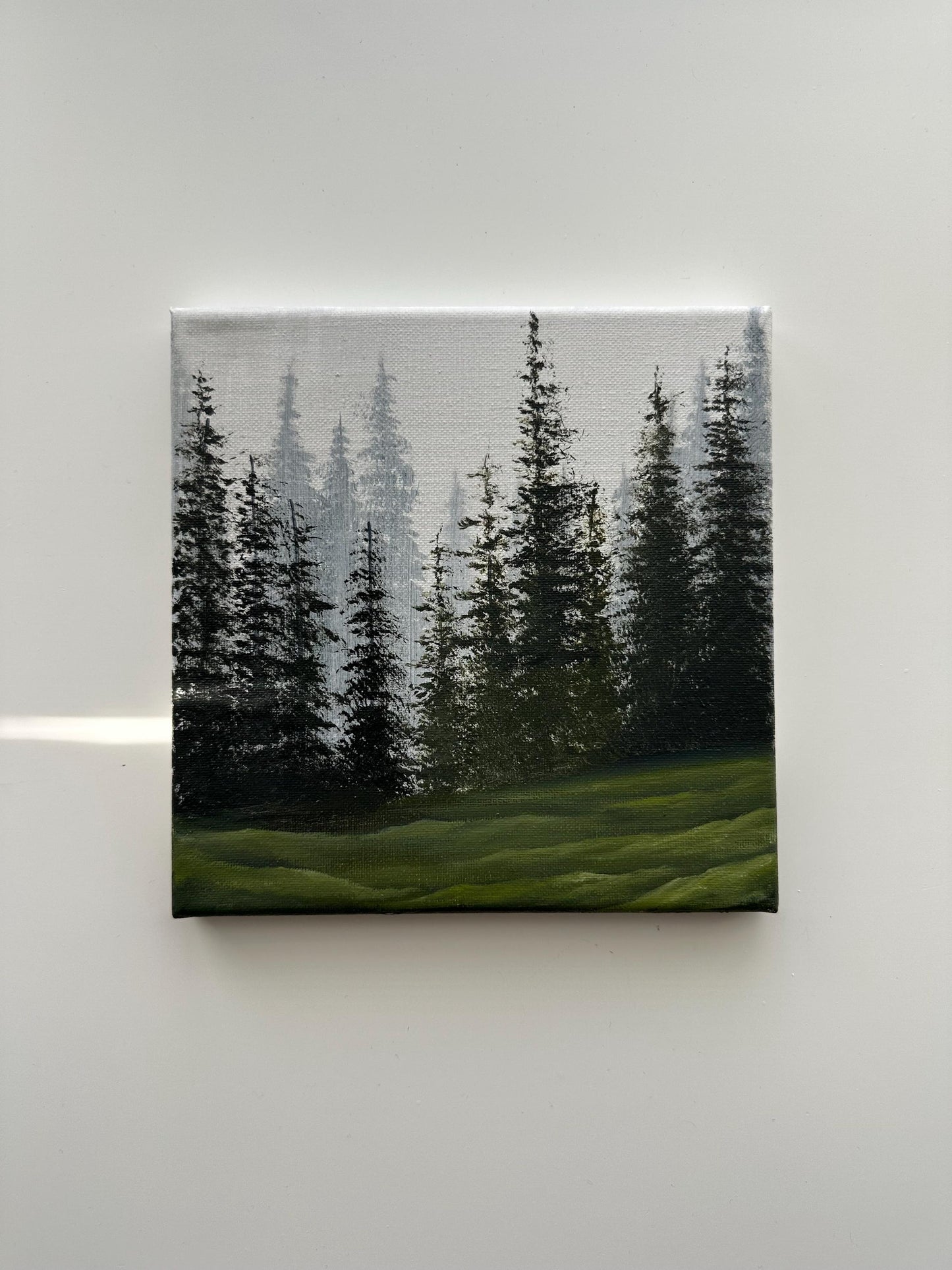 Misty Pine Forest Hills – Original Acrylic Painting, 8×8 inch on Canvas