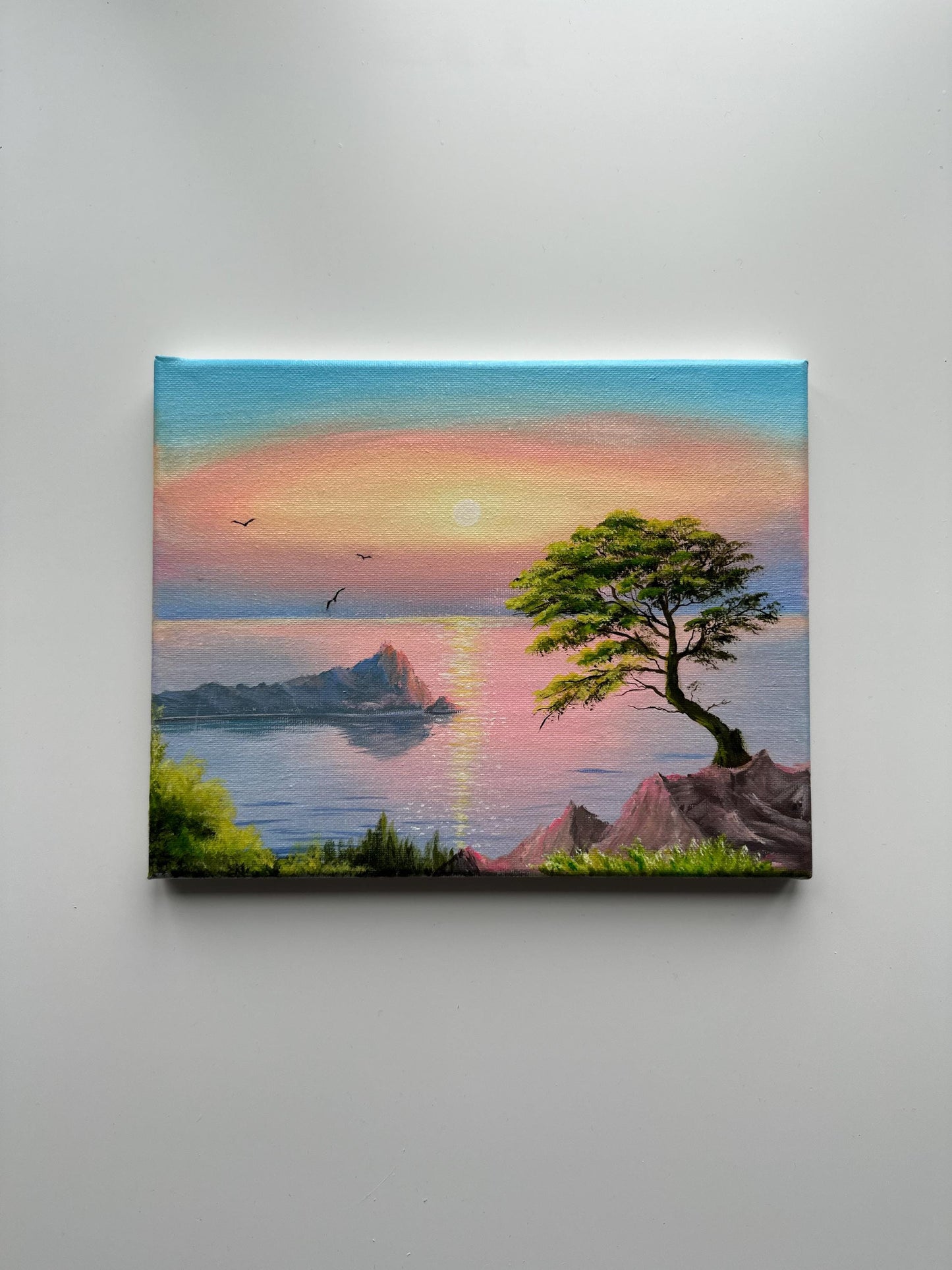 Pastel Sunset Over Quiet Ocean – Original Acrylic Painting, 10×8 inch on Canvas