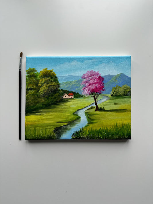 Spring Valley with Pink Tree – Original Acrylic Painting, 10×8 inch on Canvas