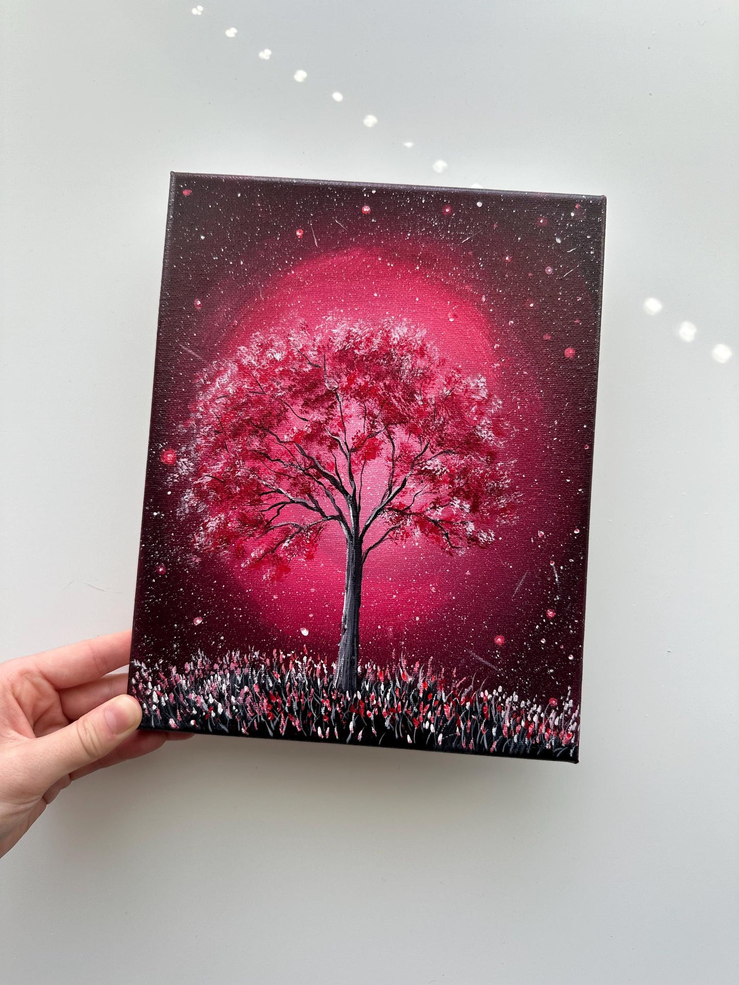 Crimson Tree Under a Starlit Sky – Original Acrylic Painting, 8×10 inch on Canvas