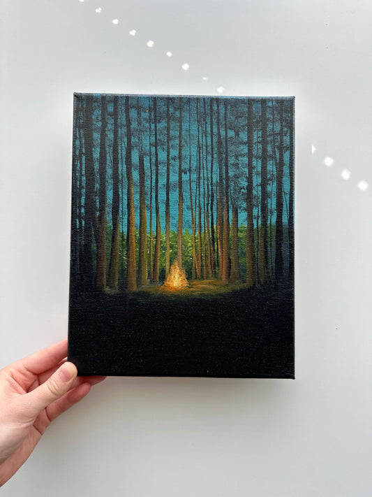 Campfire in a Quiet Forest – Original Acrylic Painting, 8×10 inch on Canvas
