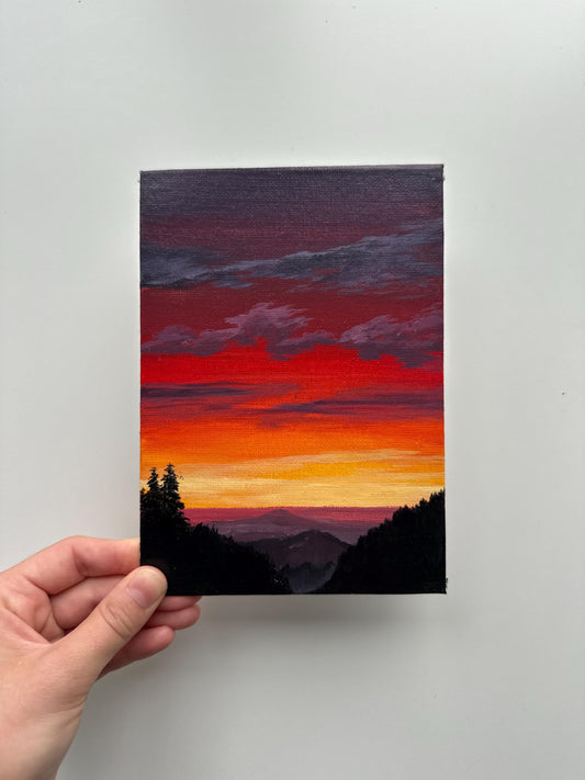 Mountain Sunset Acrylic Painting: 5x7 Hand-Painted Landscape Art