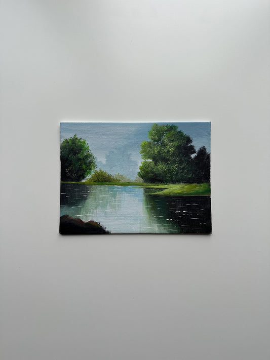 Still River with Trees – Original Acrylic Painting, 6×8 inch on Canvas Board