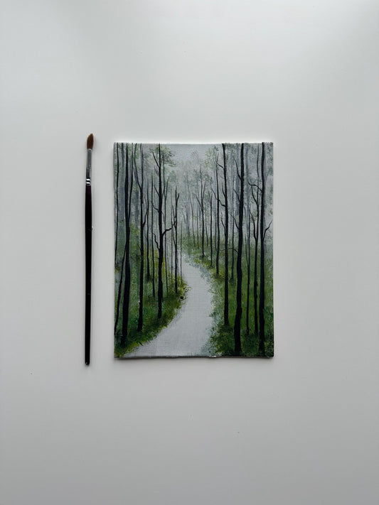 Foggy Forest Trail – Original Acrylic Painting, 6×8 inch on Canvas Board