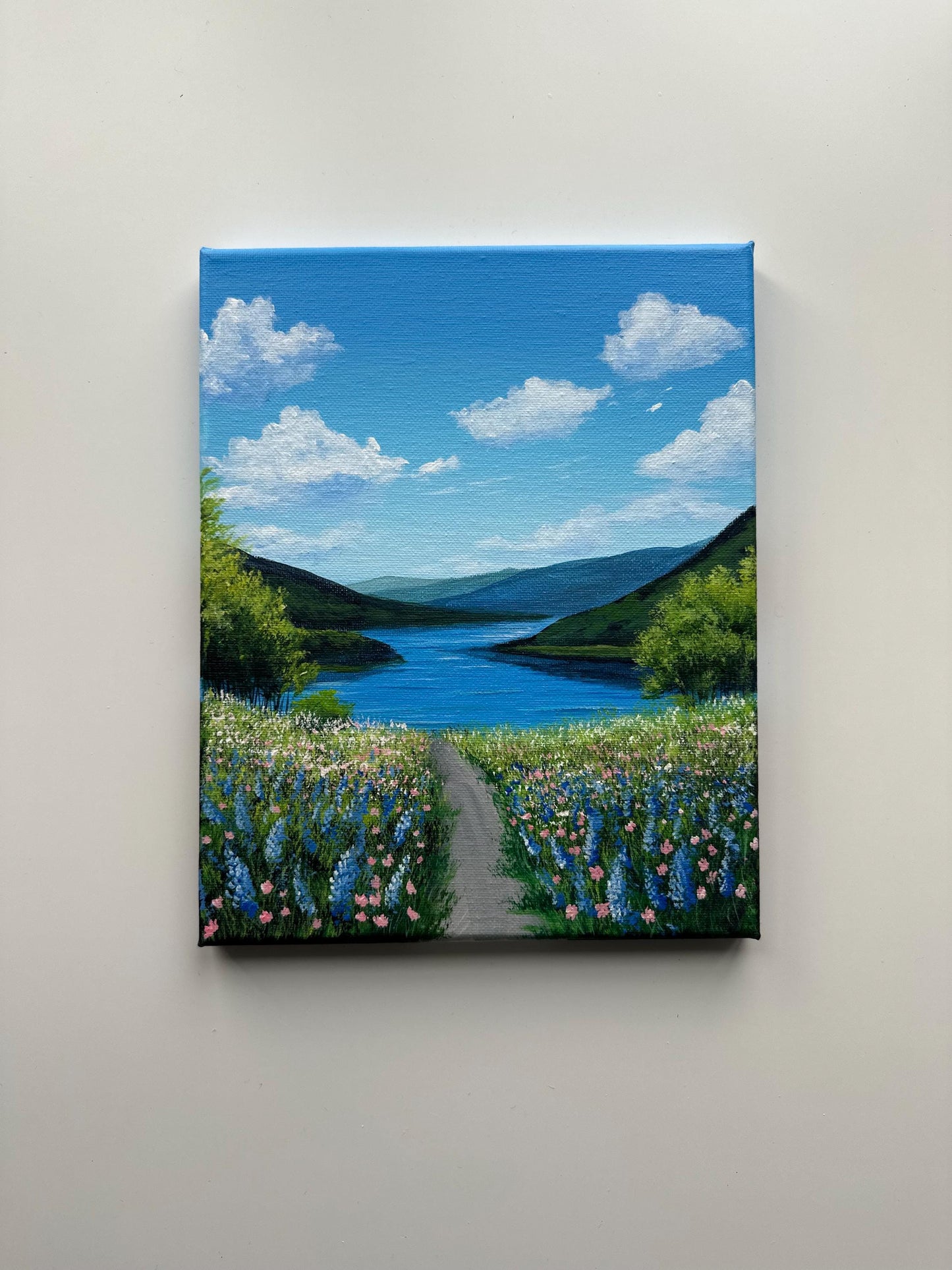 Wildflower Path to the Lake – 8x10 Original Acrylic Landscape Painting