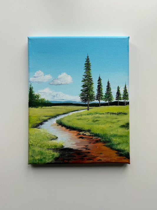 Riverbend Through Pine Fields – 8x10 Original Acrylic Landscape Art