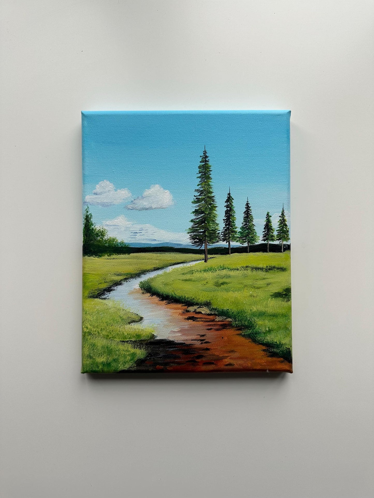 Riverbend Through Pine Fields – 8x10 Original Acrylic Landscape Art