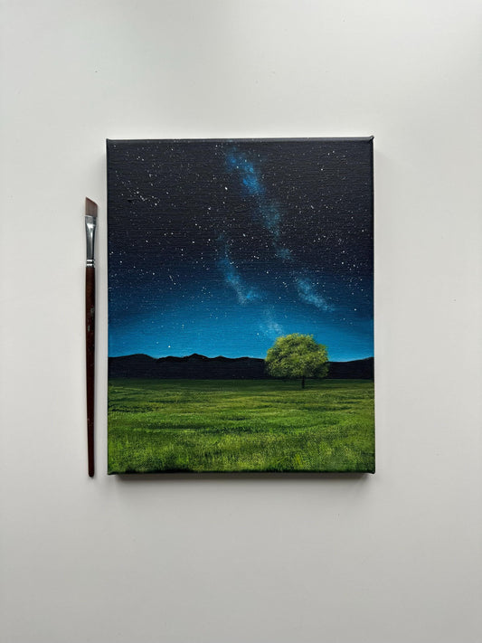 Starlit Green Field – 8x10 Original Acrylic Landscape with Tree