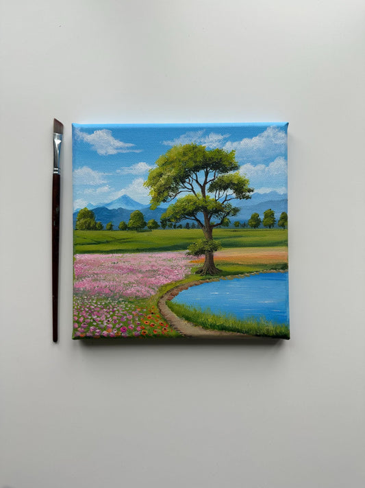 Spring by the Pond – 8x8 Original Acrylic Landscape Painting