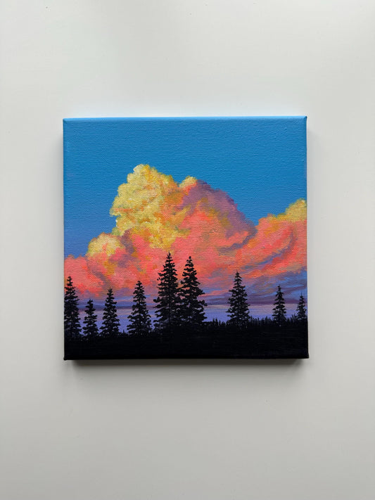 Sunset Clouds – 8x8 Acrylic Painting of Pine Trees and Colorful Sky